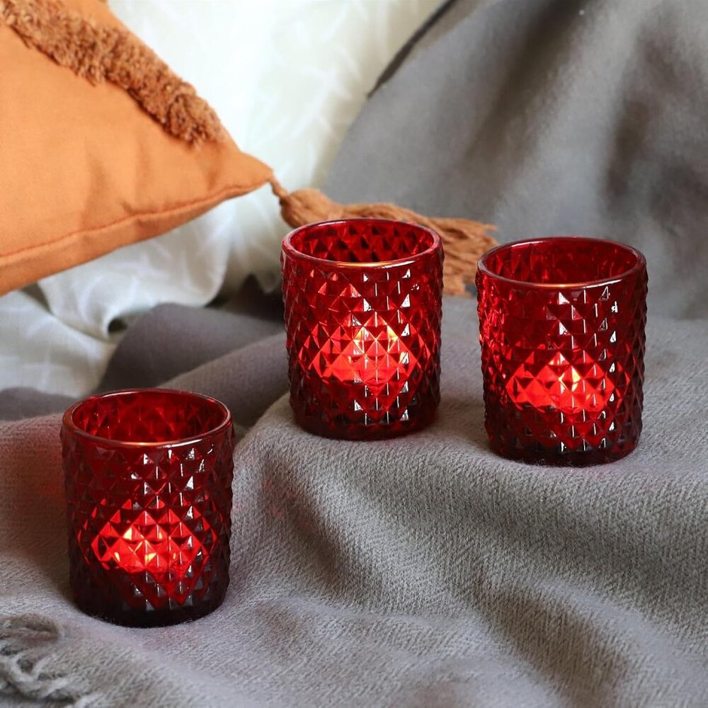 Red Votive Candle Holders Bulk Set of 12, Glass Tea Lights Candle Holder for Wed - Picture 3 of 9